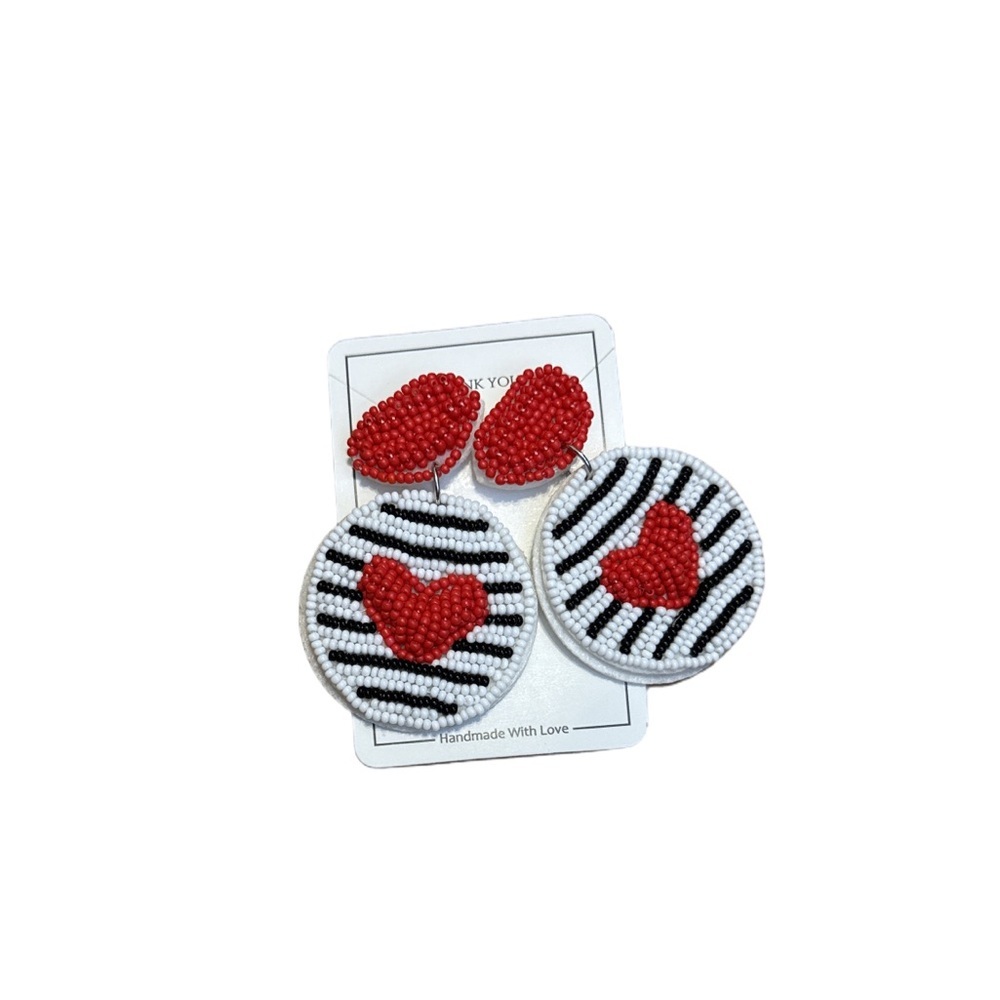 Red and White Beaded Heart Earrings